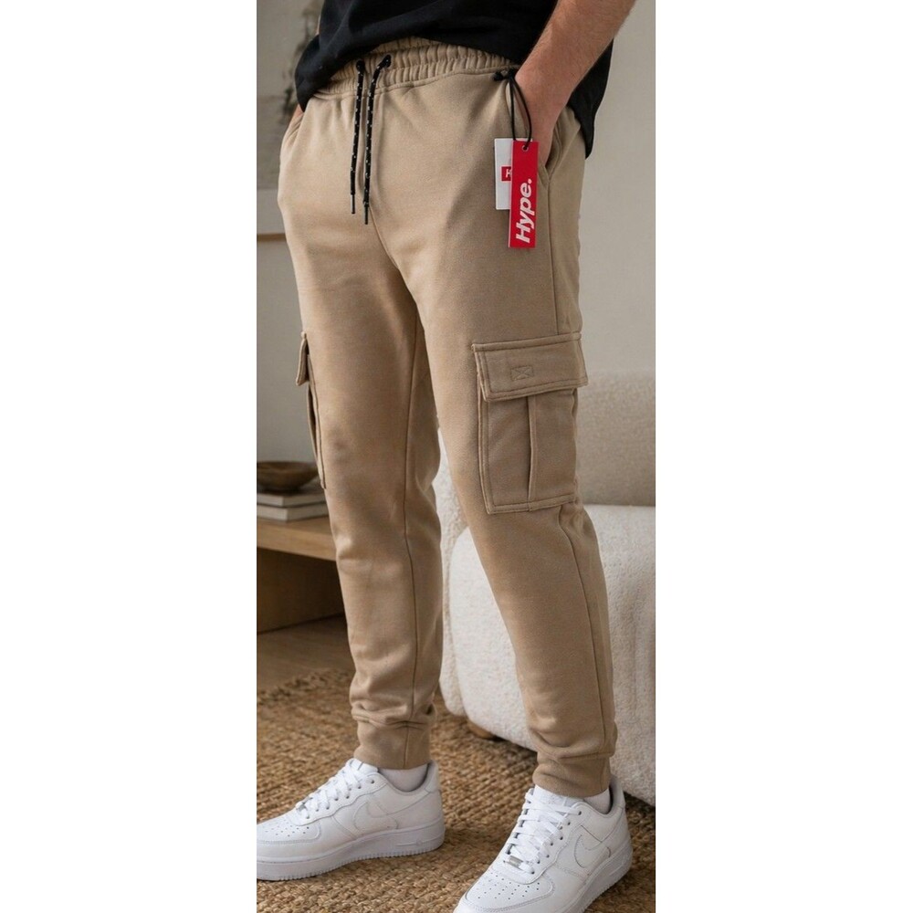 Hype. Beige Cargo Jogger Fleece Pants Men's Medium Drawstring Cargo Pockets